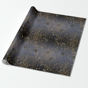Goldene Spider-Webs auf schwarzer Nachtschicht Geschenkpapier