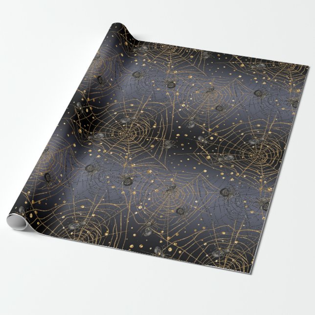 Goldene Spider-Webs auf schwarzer Nachtschicht Geschenkpapier (Ungerollt)