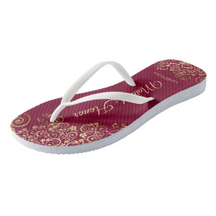 Goldene Spitze auf Burgund Maroon Trauzeugin Hochz Flip Flops