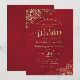 Goldene Spitze auf Crimson Red Elegant Formal Wedd Einladung