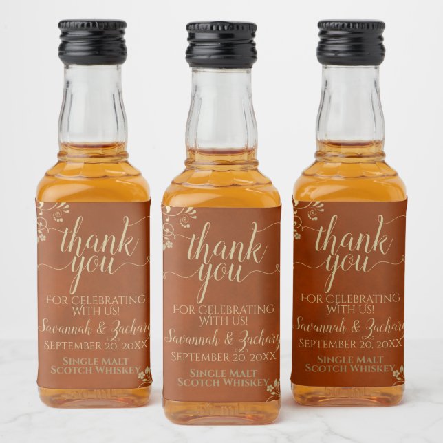 Goldene Spitze auf Rust Orange Hochzeit Danke Mini Alkoholflaschenetikett (Flaschen)