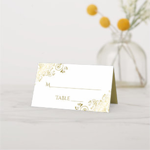 Goldene Spitze auf weißem elegantem Hochzeitsstich Platzkarte