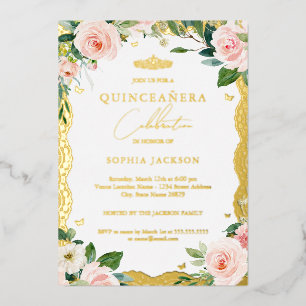 Goldene Spitze Blush Rosa Florale Quinceanera  Folieneinladung