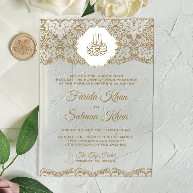 Goldene Spitze Islamische Muslim-Hochzeit Acryleinladungen (Von Creator hochgeladen)