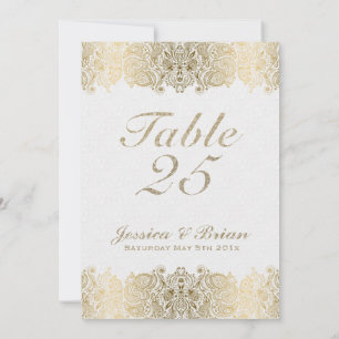 Goldene Spitze und weiße Hochzeitstisch-Nummer Einladung