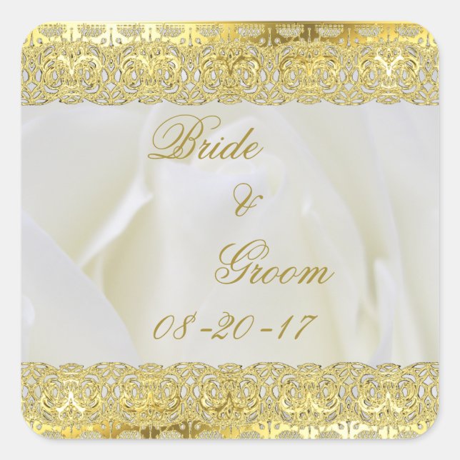 Goldene Spitzen auf der White Rose Hochzeit Quadratischer Aufkleber (Vorderseite)