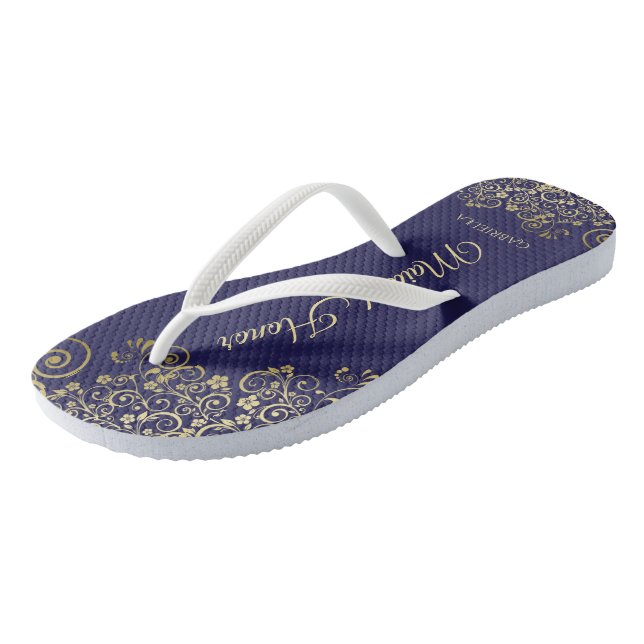 Goldene Spitzen auf Hochzeit der Navy Blue Trauzeu Flip Flops (Schrägansicht)