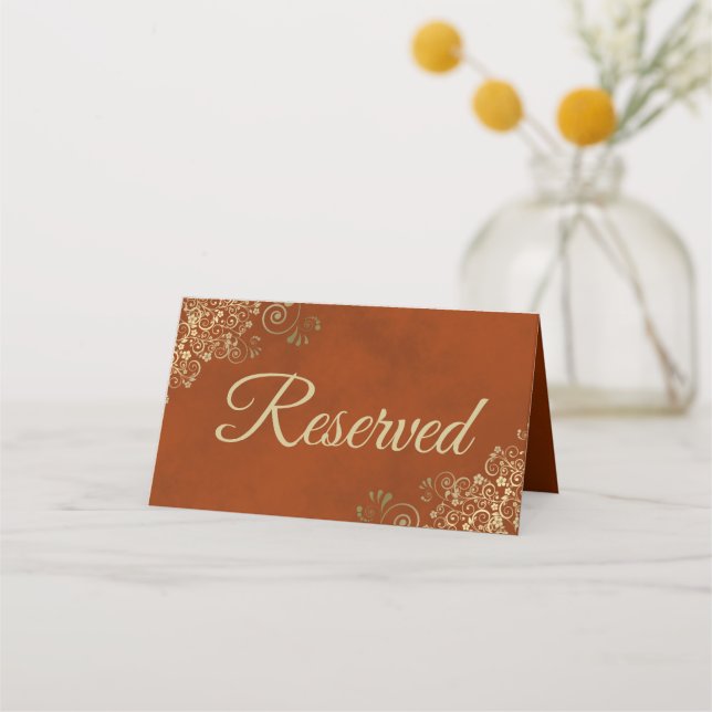 Goldene Spitzen auf Rost Orange Elegante Hochzeit  Platzkarte (Rückseite)