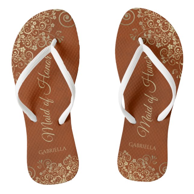 Goldene Spitzen auf Rust Orange Trauzeugin Hochzei Flip Flops (Fußbett)