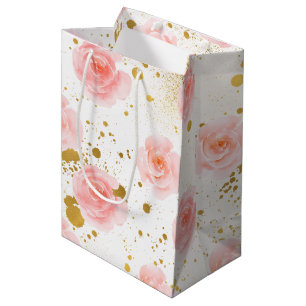 Goldene Spritzer rosa Rosen Aquarell Mittlere Geschenktüte