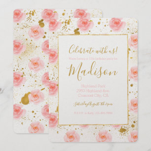 Goldene Spritzer Rosa Rosen Geburt Einladung