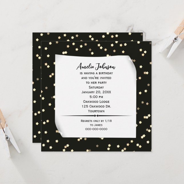 Goldene Stars auf Black Birthday Einladung (Vorderseite/Rückseite Beispiel)