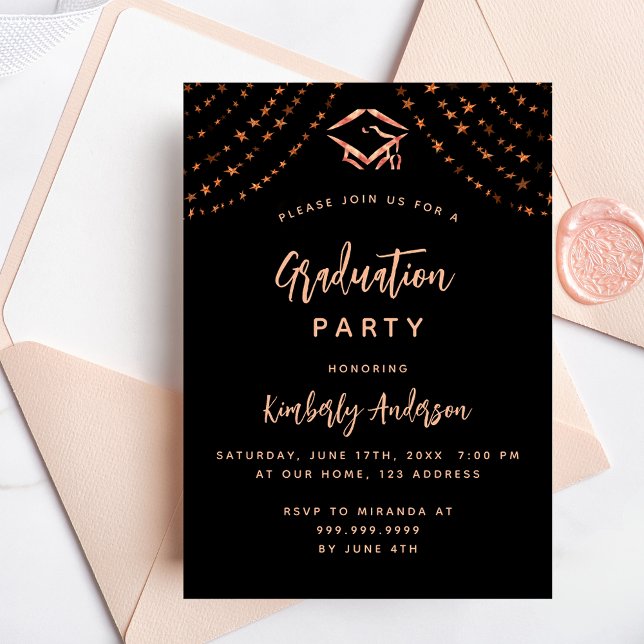Goldene Stars der Schwarzen Rose Graduierungsparty Einladungspostkarte (Von Creator hochgeladen)