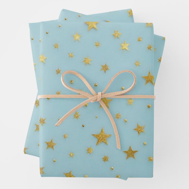 Goldene Stars und Perlen über hellblauem Hintergru Geschenkpapier Set (Beispiel)