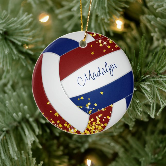 goldene Sterne Akzente Mädchen Maroon blauen Volle Keramik Ornament (Baum)