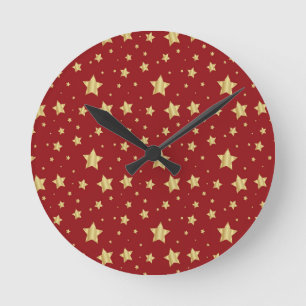 Goldene Sterne auf rotem Hintergrund Runde Wanduhr