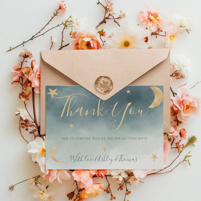 Goldene Sterne Blau Foto Danke Babydusche (Gold moon stars blue photo thank you baby shower)