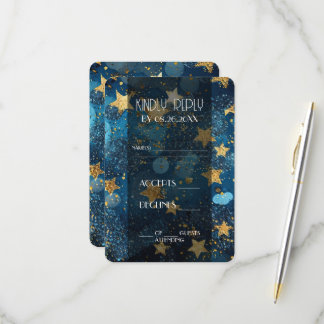 Goldene Sterne Blaue Hochzeit RSVP Karte
