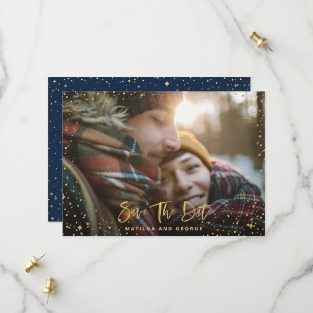 Goldene Sterne Drehbuch Foto Moderne Hochzeit Save The Date (Vorderseite/Rückseite Beispiel)