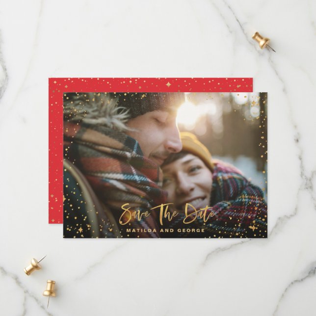 Goldene Sterne Drehbuch Foto Moderne Hochzeit Save The Date (Vorderseite/Rückseite Beispiel)