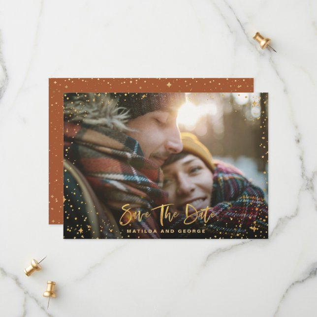 Goldene Sterne Drehbuch Foto Moderne Hochzeit Save The Date (Vorderseite/Rückseite Beispiel)