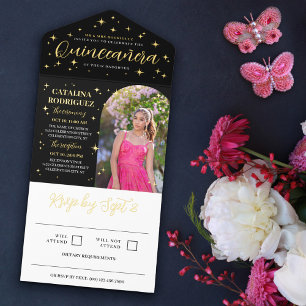 Goldene Sterne & Flachs Foto Quinceañera All-in-One-Einladung