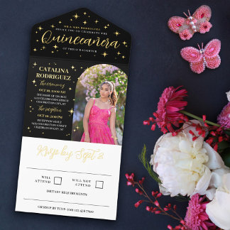 Goldene Sterne & Flachs Foto Quinceañera All-in-One-Einladung