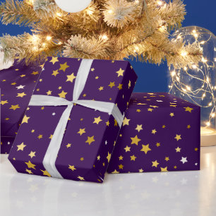 goldene Sterne mit lila Muster Geschenkpapier