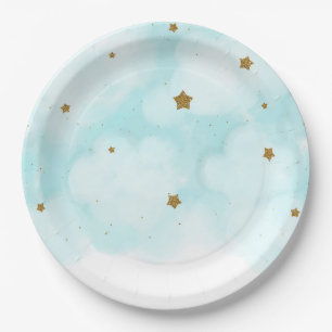 Goldene Sterne und Blaue Himmels-Wolken Baby Showe Pappteller