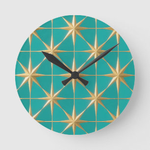 Goldene Sternenexplosion Geometrisch Türkis Mittel Runde Wanduhr