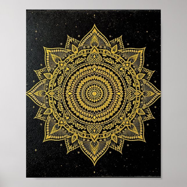Goldene Sternenexplosion Mandala auf Schwarz Poster (Vorne)