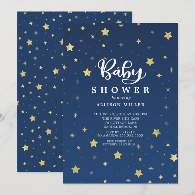 Goldene Sternennacht neutrale Babydusche Einladung (Vorne/Hinten)
