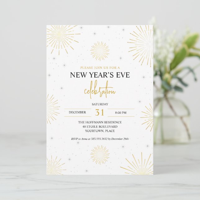 Goldene Sternexplosionen - Silvester-Party Einladung (Stehend Vorderseite)