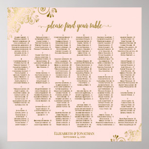 Goldene Stickerei auf Rosa Alphabetischer Sitzplan Poster