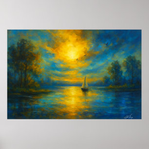 Goldene Stille Sonnenuntergangs-Segelboot auf ruhi Poster
