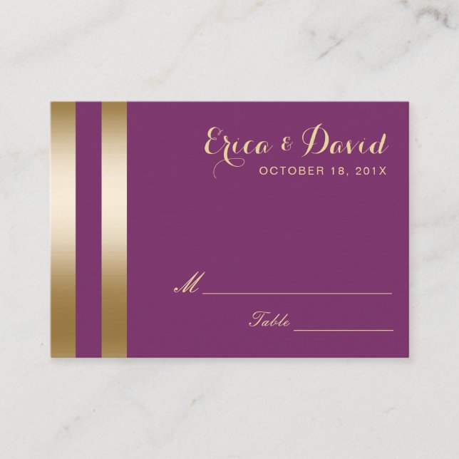 Goldene Streifen Elegante Lila Hochzeitssitze Platzkarte (Vorderseite)