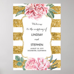 Goldene Streifen Floral Rosa Weiße Hochzeitsbegrüß Poster