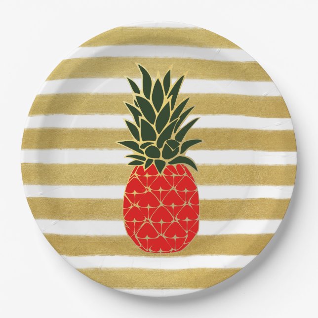 Goldene Streifen rot und grüne tropische Ananas Pappteller (Vorderseite)