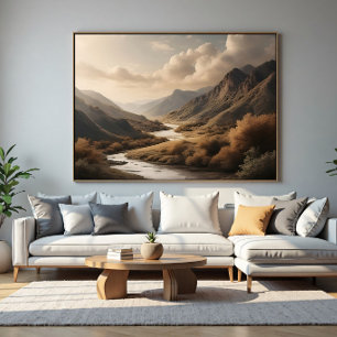 Goldene Stunde Berg Fluss Tal Landschaft Poster