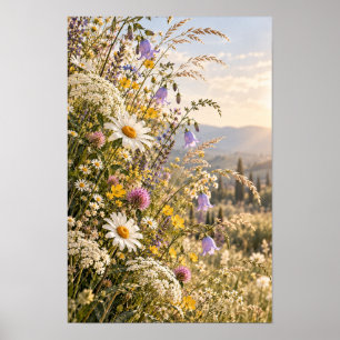 Goldene Stunde Wildblumenwiese Berg Wandkunst Poster