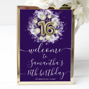 Goldene Sweet 16 Geburtstagsballons Lila Willkomme Poster