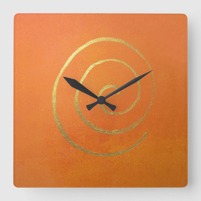 Goldene Swirl auf Orange Golden Spiral Moderne Kun Quadratische Wanduhr (Vorderseite)