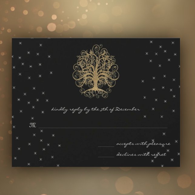 Goldene Swirl-Bäume auf Black Metallic Wedding RSV RSVP Karte (Von Creator hochgeladen)
