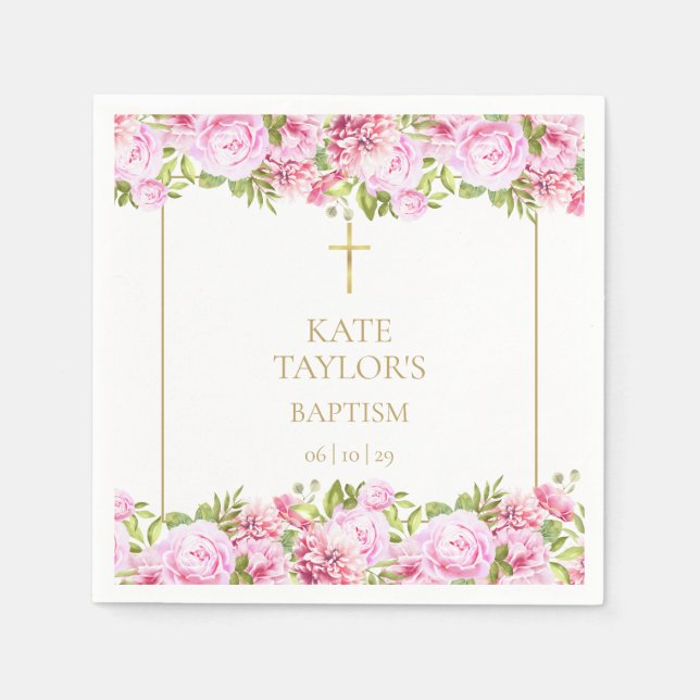 Goldene Taufe Christening Pink Rosen Floral Serviette (Vorderseite)