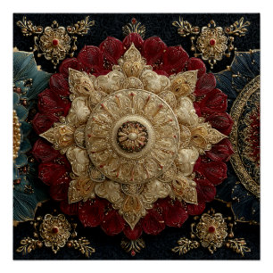 Goldene Teal-Karmesin-Ornament-Mandala-Juwelen-Kun Poster