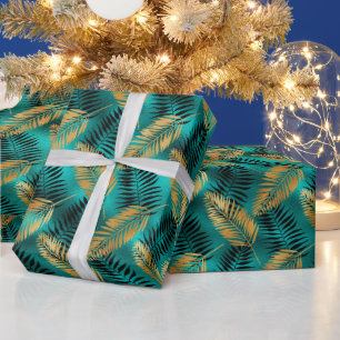 Goldene Teal-Palmblätter Luxuriöser tropischer S Geschenkpapier