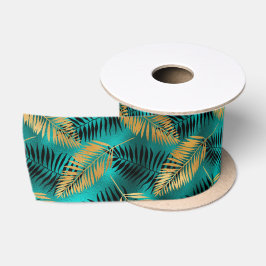 Goldene Teal-Palmblätter | Luxuriöser Tropischer S Satinband