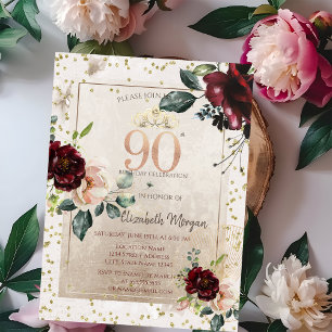 Goldene Tiara, Burgunderrote Blumen  90. Geburtsta Einladung