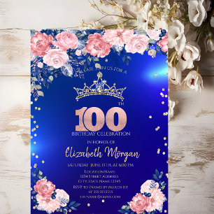 Goldene Tiara Diamanten Blumen Blau 100. Geburtsta Einladung