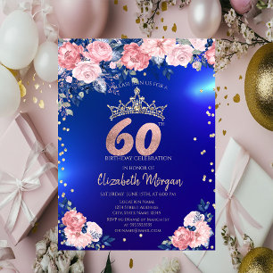 Goldene Tiara Diamanten Blumen Blau 60. Geburtstag Einladung